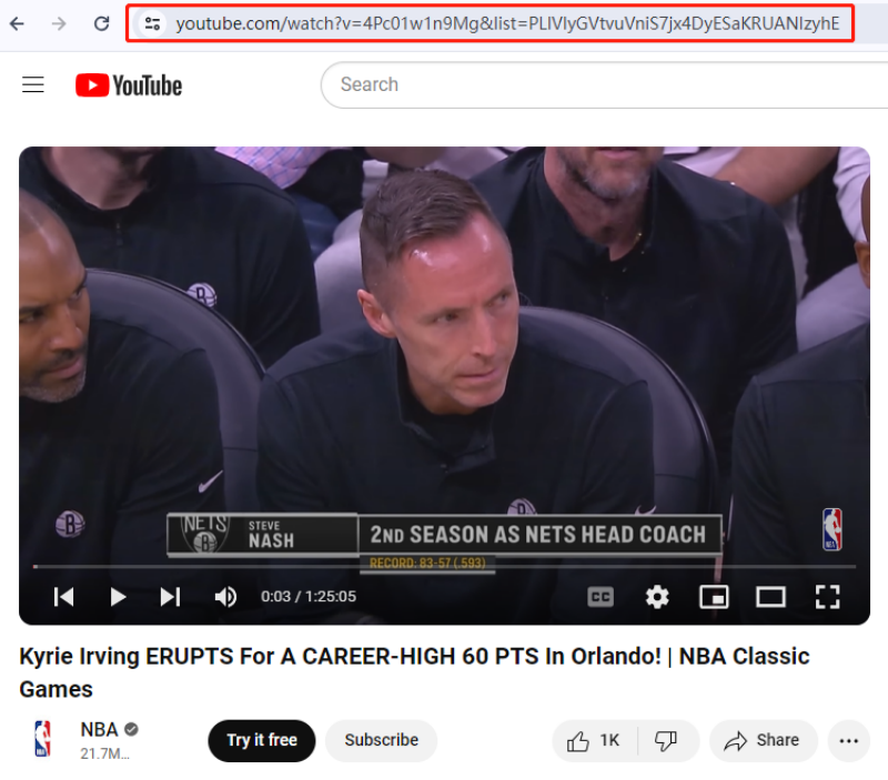 Copy NBA URL from YouTube