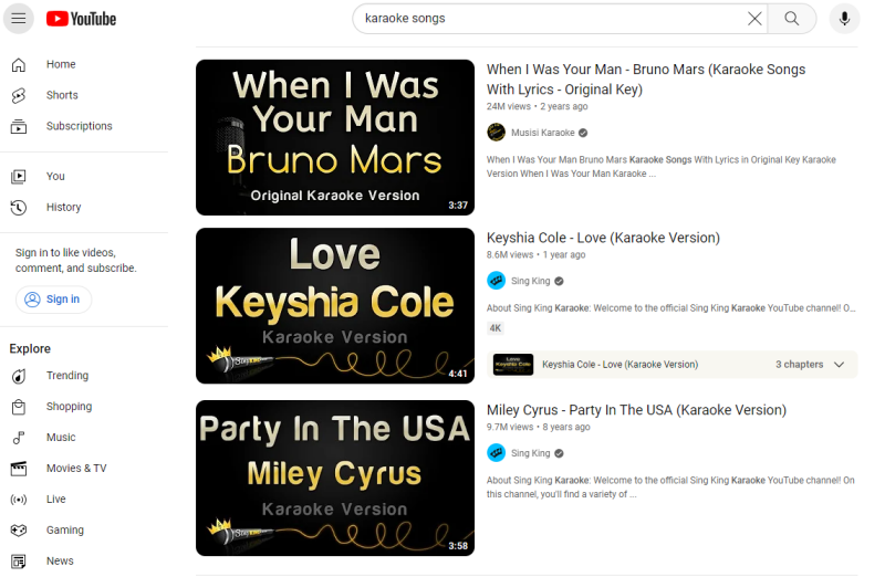 Karaoke Songs on YouTube