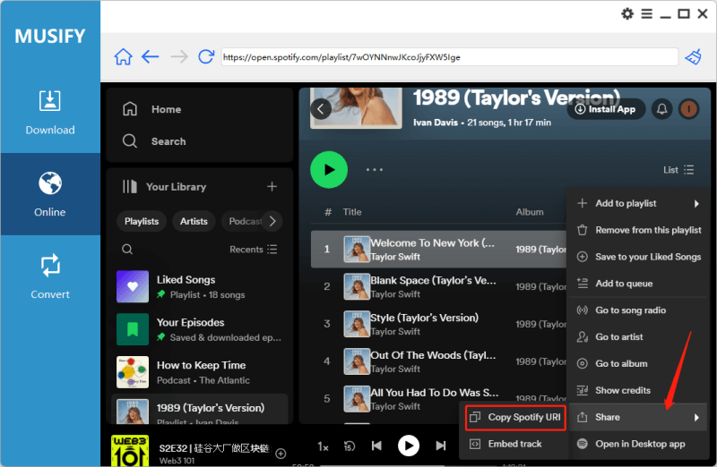 Copy Spotify URL in Musify