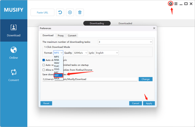 Musify Setting Panel to AIFF